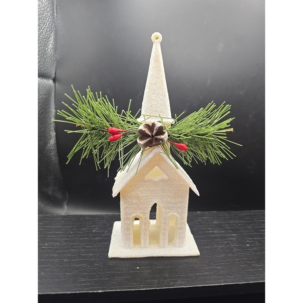 Christmas Ornament Glitter Church Star‎ Pine Red Berries 6.5" Putz Style